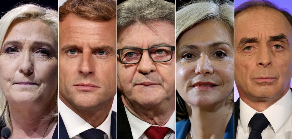 FILE PHOTO: A combination picture shows five of the twelve candidates for the 2022 French presidential election, L-R: Marine Le Pen, leader of French far-right National Rally (Rassemblement National) party, French President Emmanuel Macron, Jean-Luc Melenchon, leader of far-left opposition La France Insoumise (France Unbowed - LFI) political party, Valerie Pecresse, head of the Paris Ile-de-France region and Les Republicains (LR) right-wing party candidate, Eric Zemmour, French far-right commentator and leader of far-right party %22Reconquete!%22, after the official announcement in Paris, France. Picture taken in 2021 and 2022. REUTERS/Staff/File Photo