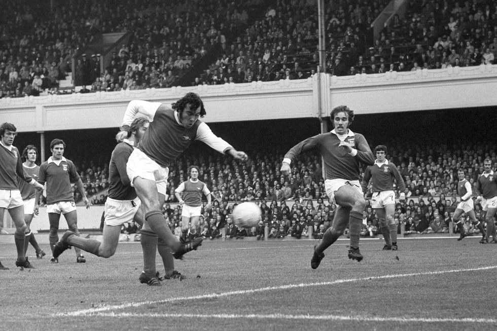 File photo dated 20-10-1973 of Arsenal's Ray Kennedy shoots towards the Ipswich Town goal, only to hit the cross-bar. Former Liverpool and Arsenal player Ray Kennedy has died at the age of 70, the Merseyside club have announced. Issue date: Tuesday November 30, 2021.