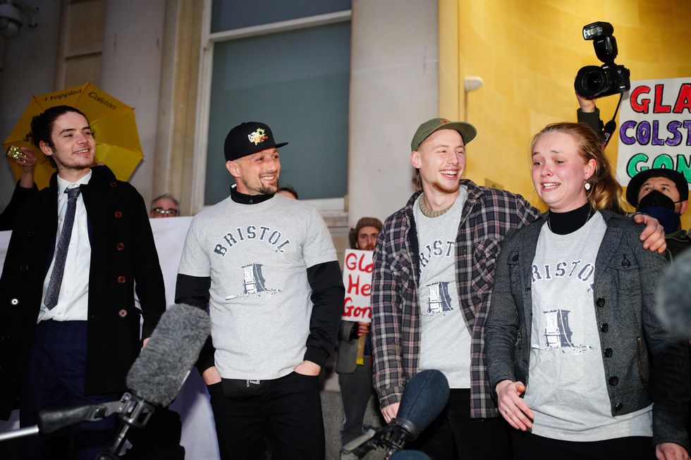 File photo dated 5/1/2022 of (left to right) Sage Willoughby, Jake Skuse, Milo Ponsford and Rhian Graham outside Bristol Crown Court. A ruling on legal issues arising out of the acquittal of four people who were prosecuted for pulling down a statue of slave trader Edward Colston during a Black Lives Matter protest - the so-called Colston Four - will be delivered by judges. Court of Appeal judges were told at a hearing in June that the toppling of the statue was an %22unacceptable way to engage in political debate%22. Issue date: Wednesday September 28, 2022.