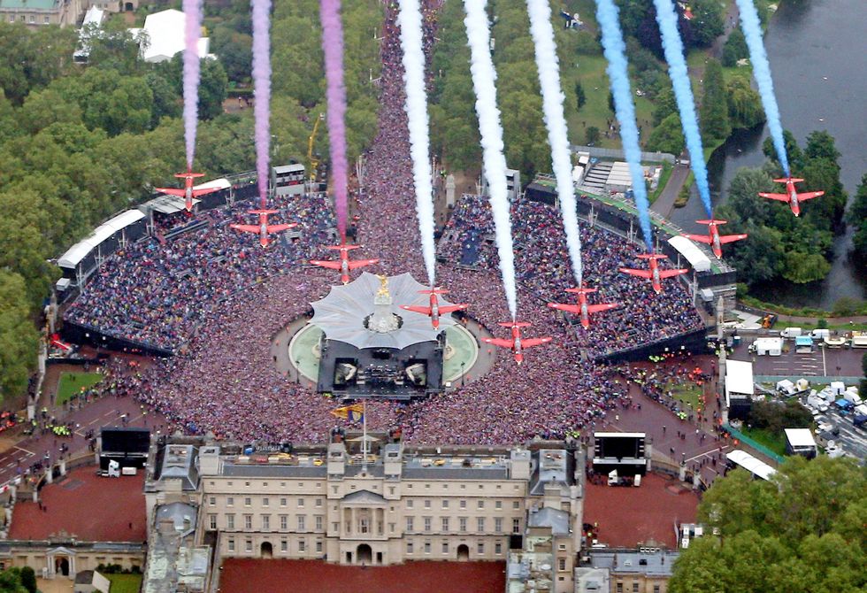 File photo dated 5/6/2012 of The Red Arrows flying in formation over Buckingham Palace in London as part of The Queen's Diamond Jubilee celebrations. Issue date DDMMYY.