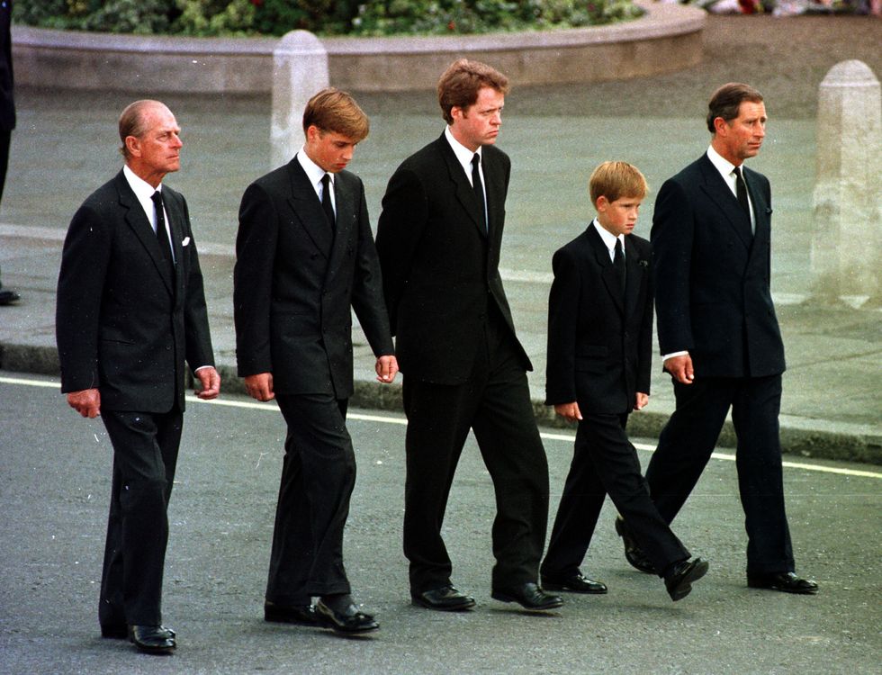 File photo dated 6/9/1997 of the Prince of Wales, Prince William, Prince Harry, Earl Althorp and Duke of Edinburgh walk behind Diana, the Princess of Wales' funeral cortege. Twenty four years have passed since Diana, Princess of Wales died in a Paris car crash. The princess ??? the Duke of Cambridge and the Duke of Sussex's late mother - was just 36 was she was killed on August 31 1997. Issue date: Tuesday August 31, 2021.