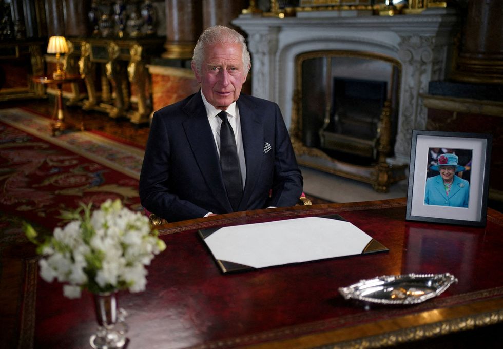 FILE PHOTO: King Charles III delivers his address to the nation and the Commonwealth from Buckingham Palace, London, following the death of Queen Elizabeth II on Thursday. Picture date: Friday September 9, 2022. Yui Mok/Pool via REUTERS     TPX IMAGES OF THE DAY/File Photo