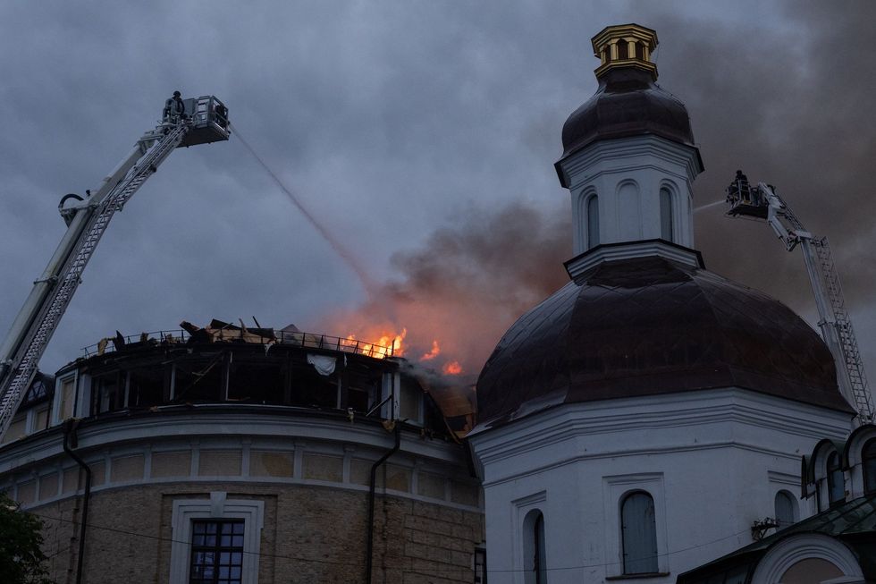 Fire ladder being used to extinguish blaze at Kyiv Pechersk Lavra in Ukraine