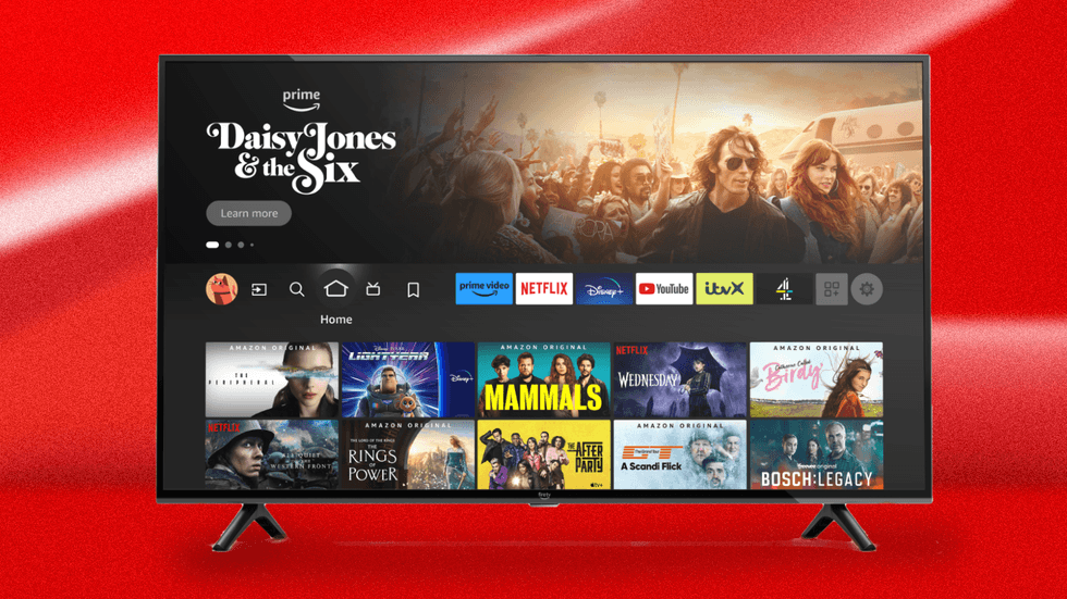 Série Fire tv 4 retratada com software Fire TV exibido na tela com fundo colorido 