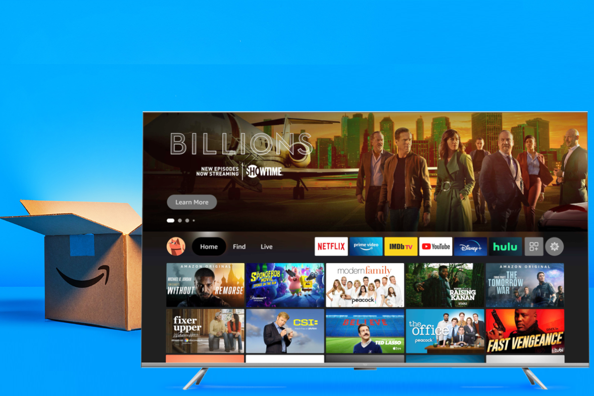 fire tv omni series pictured with a prime day shipping box in the background