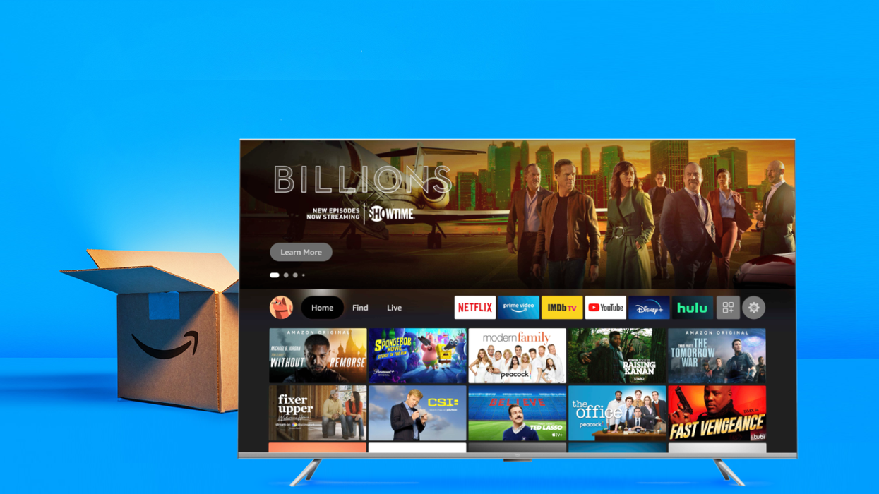 fire tv omni series pictured with a prime day shipping box in the background