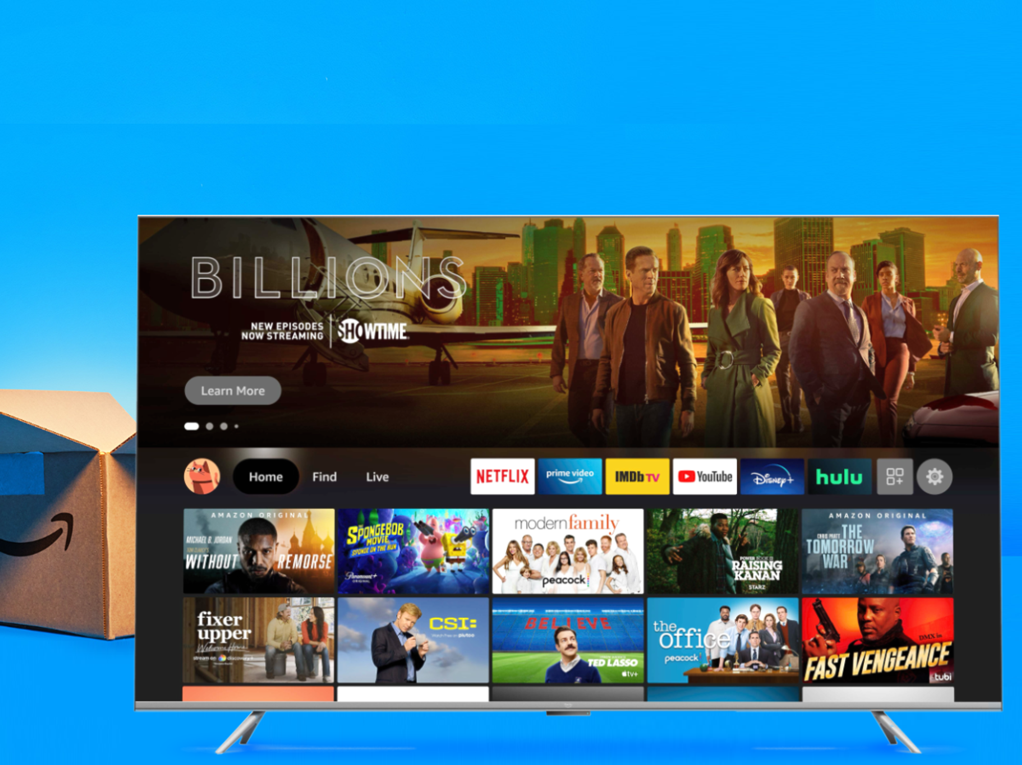 fire tv omni series pictured with a prime day shipping box in the background