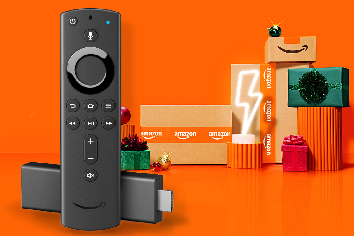 Fire TV Stick 4K pictured with its Alexa Voice Remote and Amazon branded delivery boxes in the background