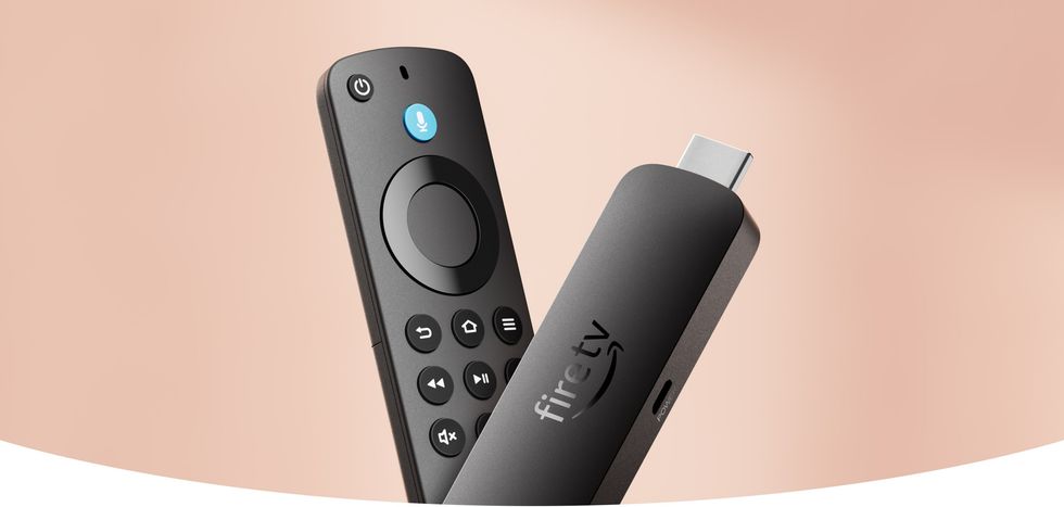 Fire TV Stick 4K Select and Alexa Voice Remote on a pink background