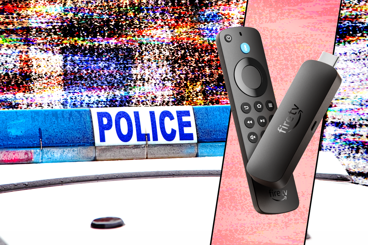 Fire TV Stick 4K Select pictured in an inset image, with a police car in the background and traces of television static everywhere