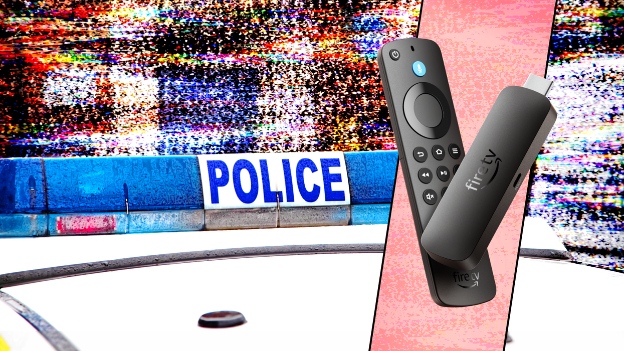 Fire TV Stick 4K Select pictured in an inset image, with a police car in the background and traces of television static everywhere