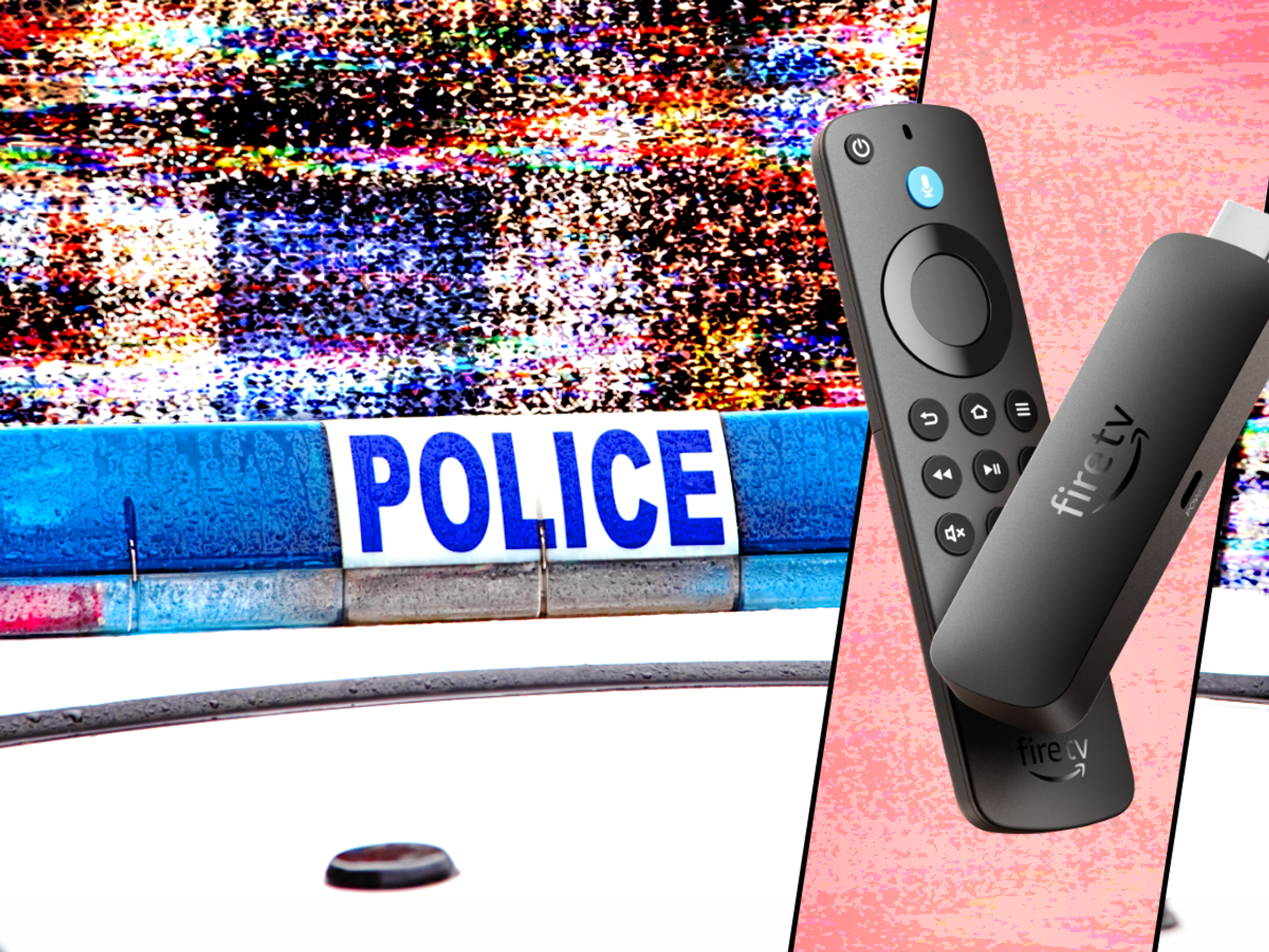 Fire TV Stick 4K Select pictured in an inset image, with a police car in the background and traces of television static everywhere