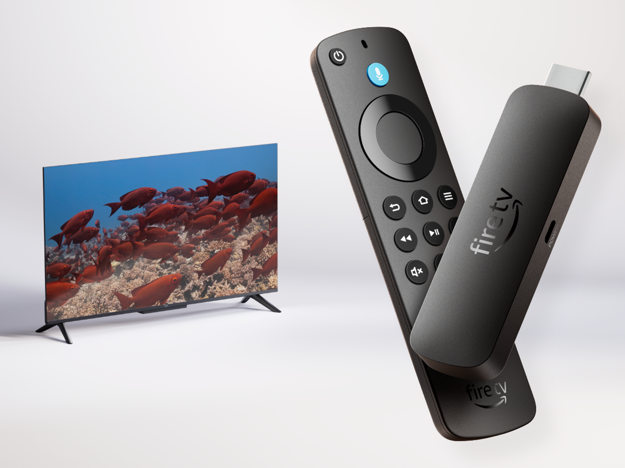 Fire TV Stick 4K Select with a television in the background