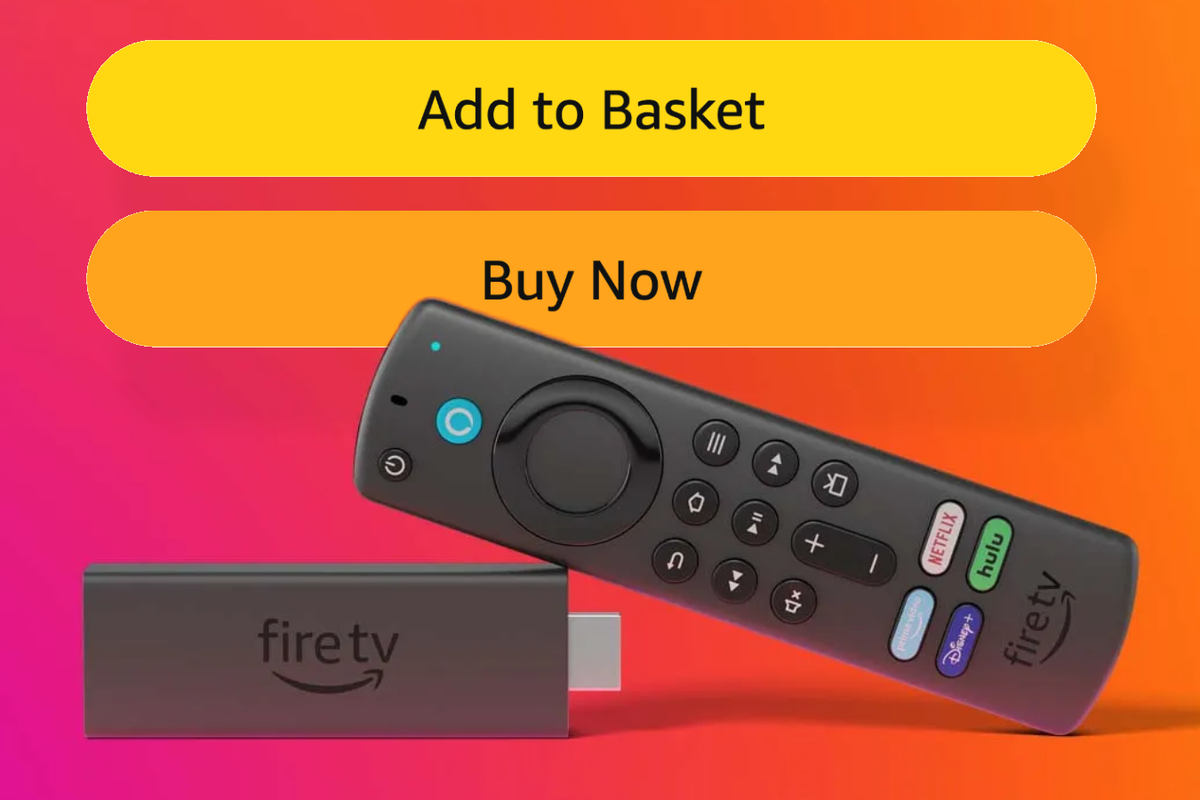 Fire TV Stick pictured on its side with the dongle and a multicolour background
