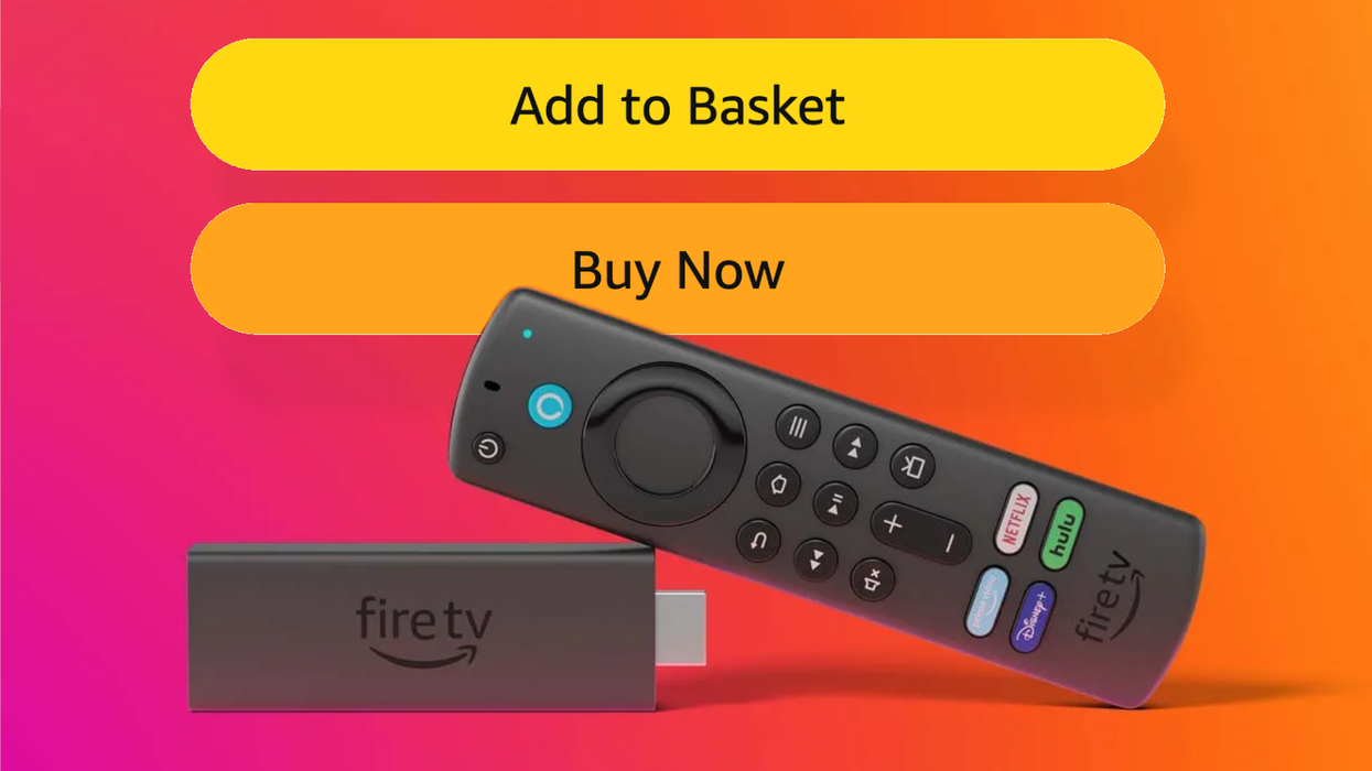 Fire TV Stick pictured on its side with the dongle and a multicolour background
