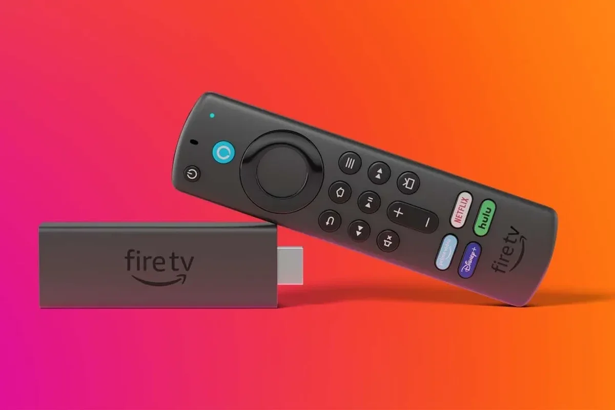 Fire TV Stick pictured on its side with the dongle and a multicolour background