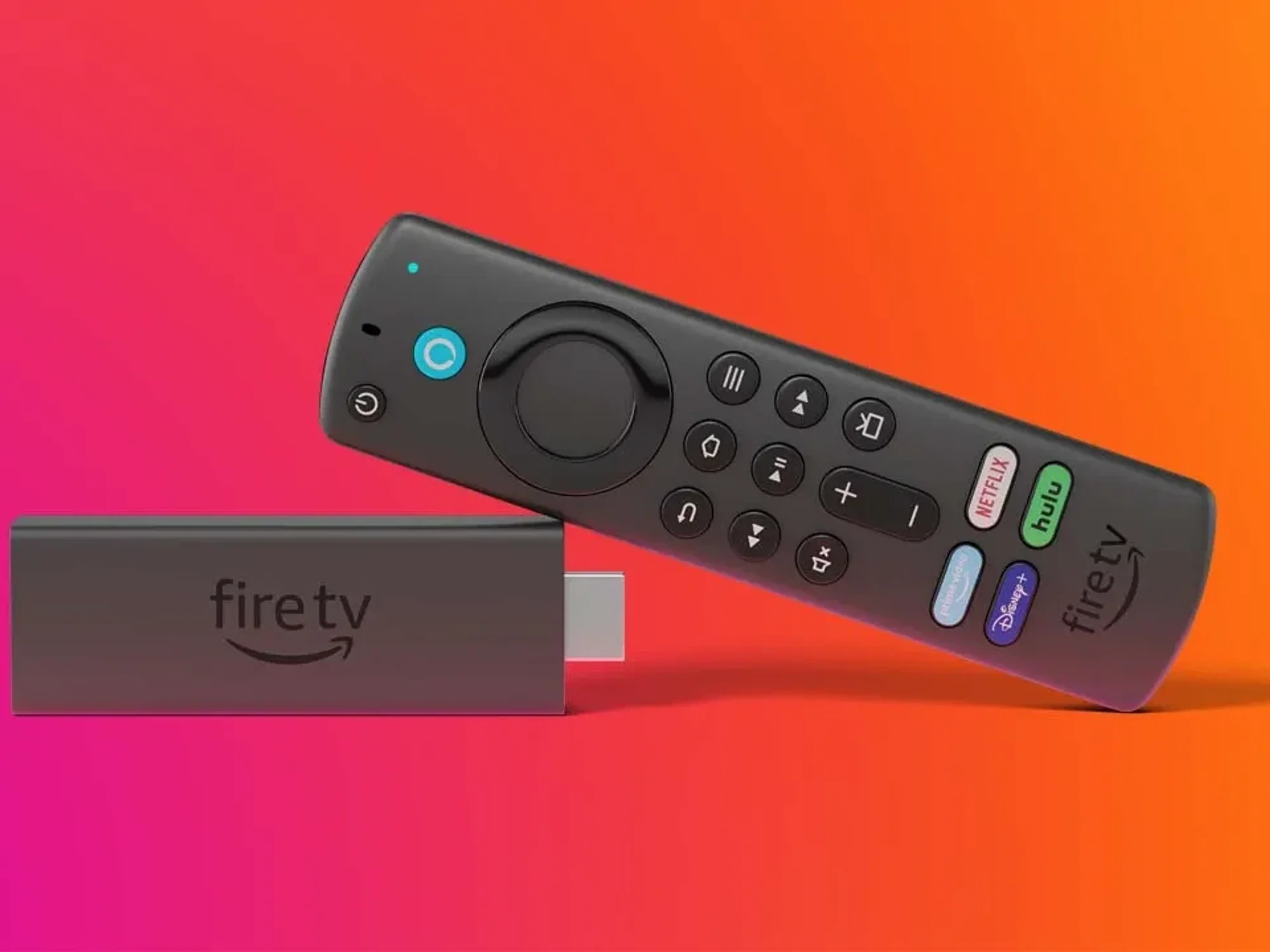 Fire TV Stick pictured on its side with the dongle and a multicolour background
