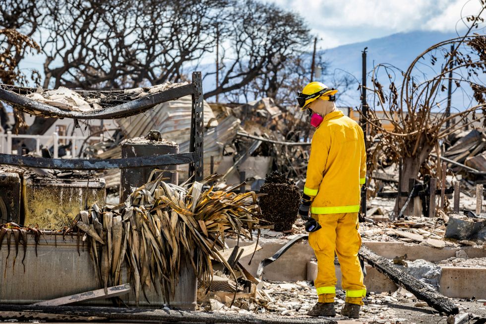Firefighter inspecting the damage of the Maui wildfires