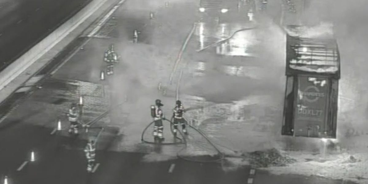 Drivers face road chaos as huge lorry blaze forces emergency resurfacing of busy motorway Drivers face road chaos as huge lorry blaze forces emergency resurfacing of busy motorway