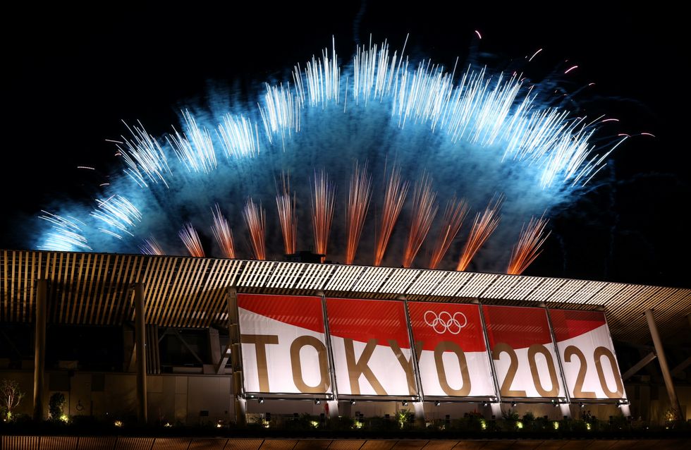 Fireworks above the Tokyo Olympic stadium during the closing ceremony.
