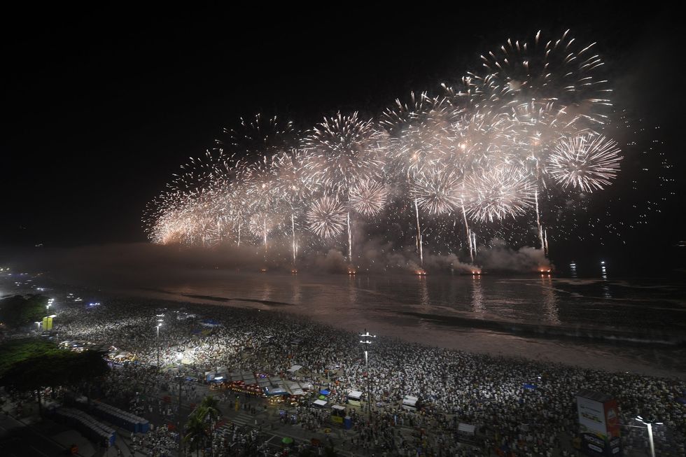 Fireworks to celebrate the new year go off at Copacabana Beach during celebrations in Rio de Janeiro