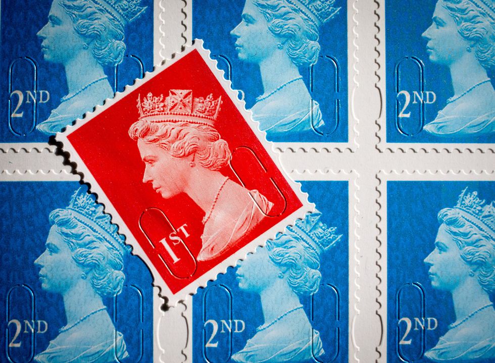 First and second class postage stamps are displayed