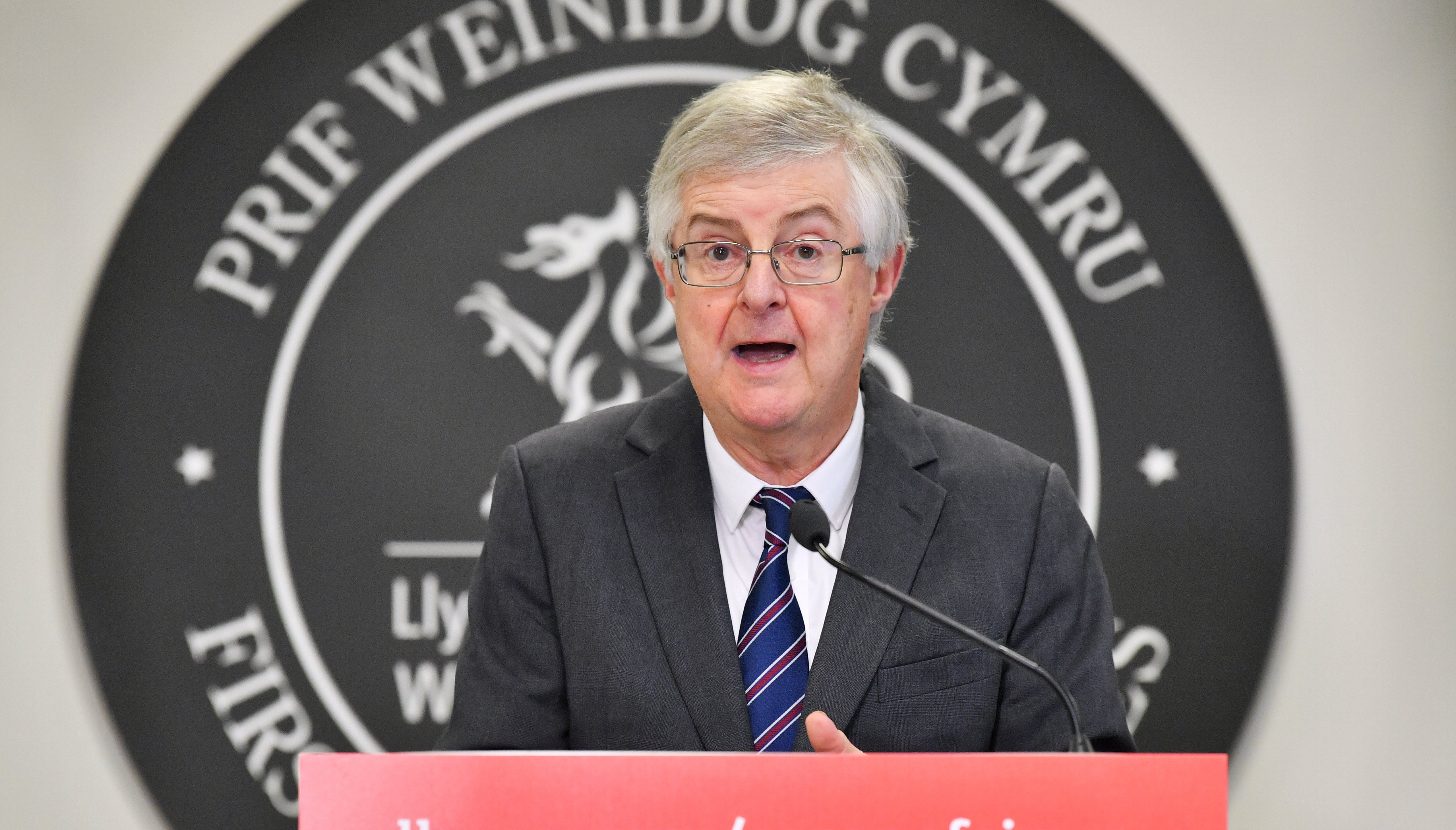 First Minister Mark Drakeford speaking at a press conference in Cardiff.
