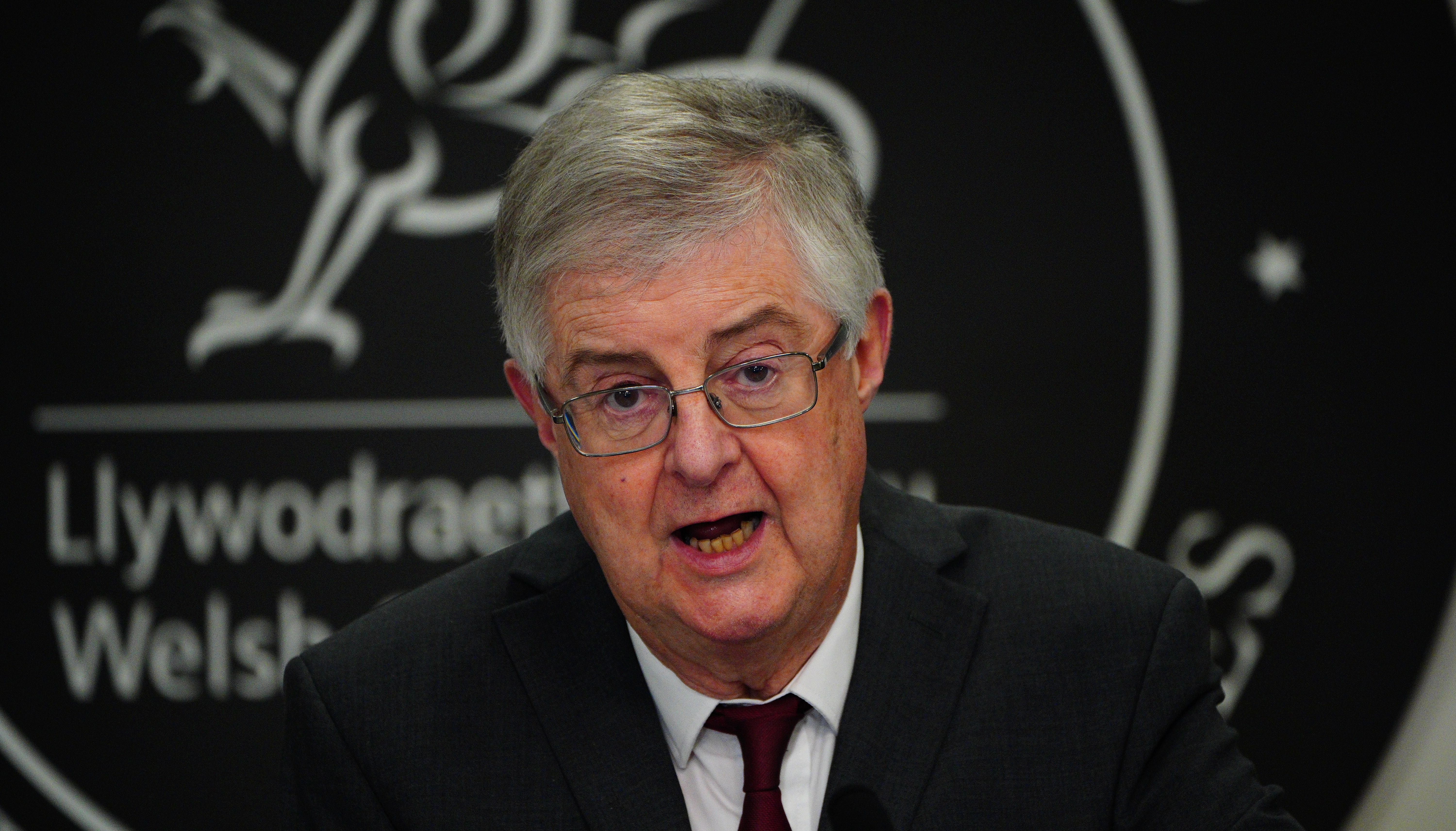 First Minister Mark Drakeford speaks during a Welsh Government press conference at the Crown Buildings, Cathay Park in Cardiff.