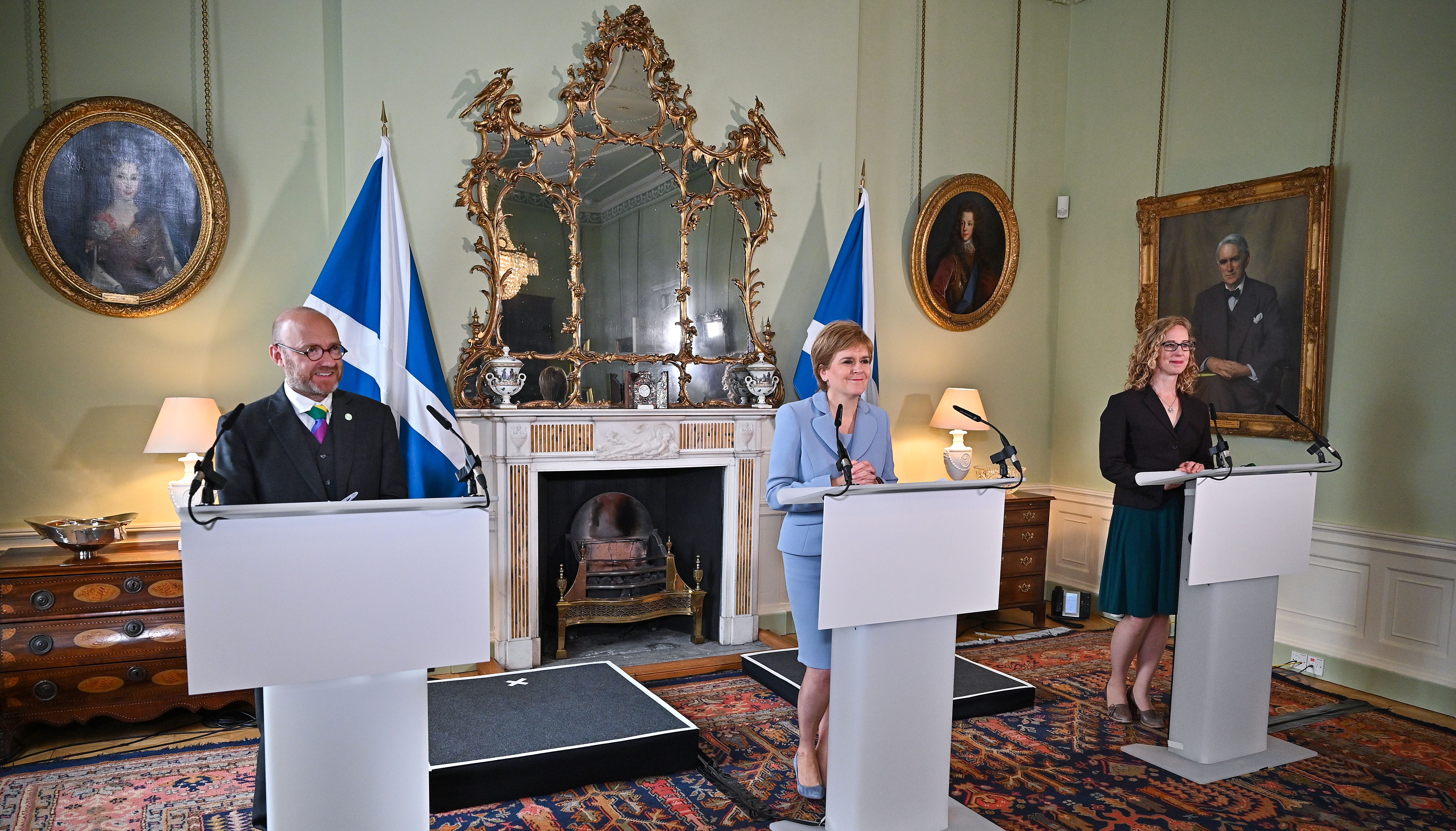 First Minister Nicola Sturgeon (centre) and Scottish Green Party co-leaders Patrick Harvie (left) and Lorna Slater (right) at Bute House.