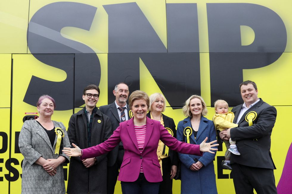 First Minister of Scotland Nicola Sturgeon poses with local candidates while on the local election campaign trail in Arbroath