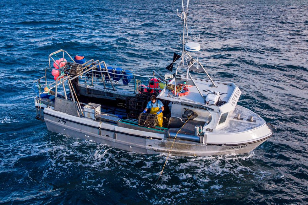 Fisherman Jack Bailey, 25, lands crabs and lobster on his boat, White Waters, during a days fishing off the coast of Jersey.