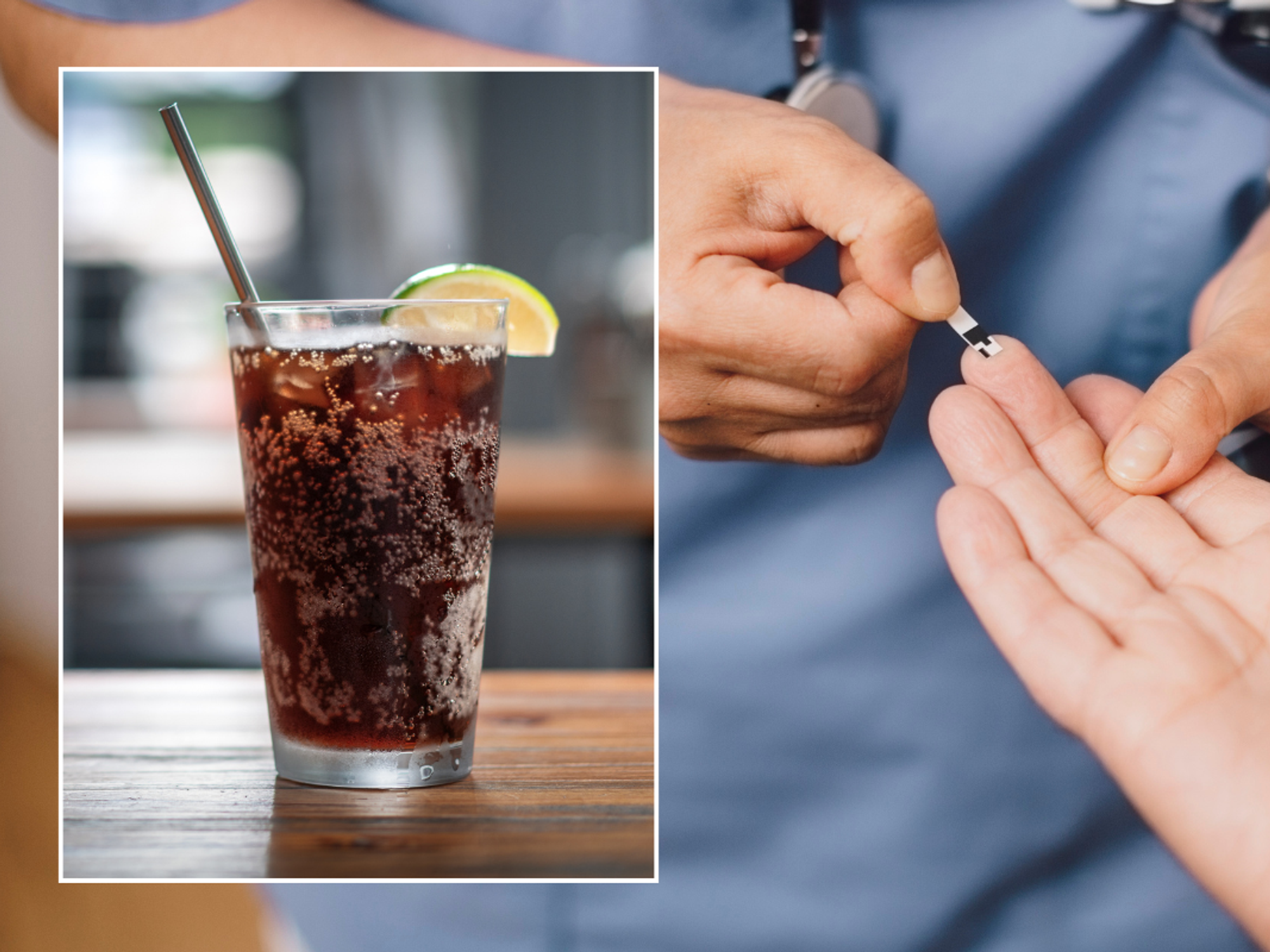 Fizzy cola drink with a wedge of lime and a straw; medic testing patient's blood