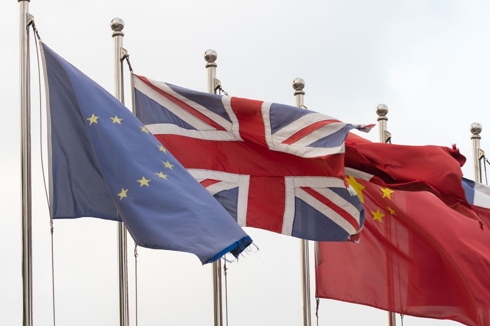Flags, EU, Britain and China