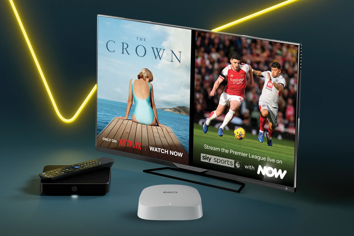 flatscreen television is pictured with a talktalk tv box and eero mesh wifi system with sky tv and netflix on-screen 