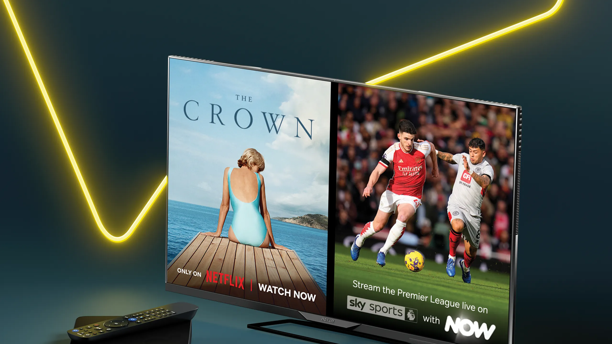 flatscreen television is pictured with a talktalk tv box and eero mesh wifi system with sky tv and netflix on-screen