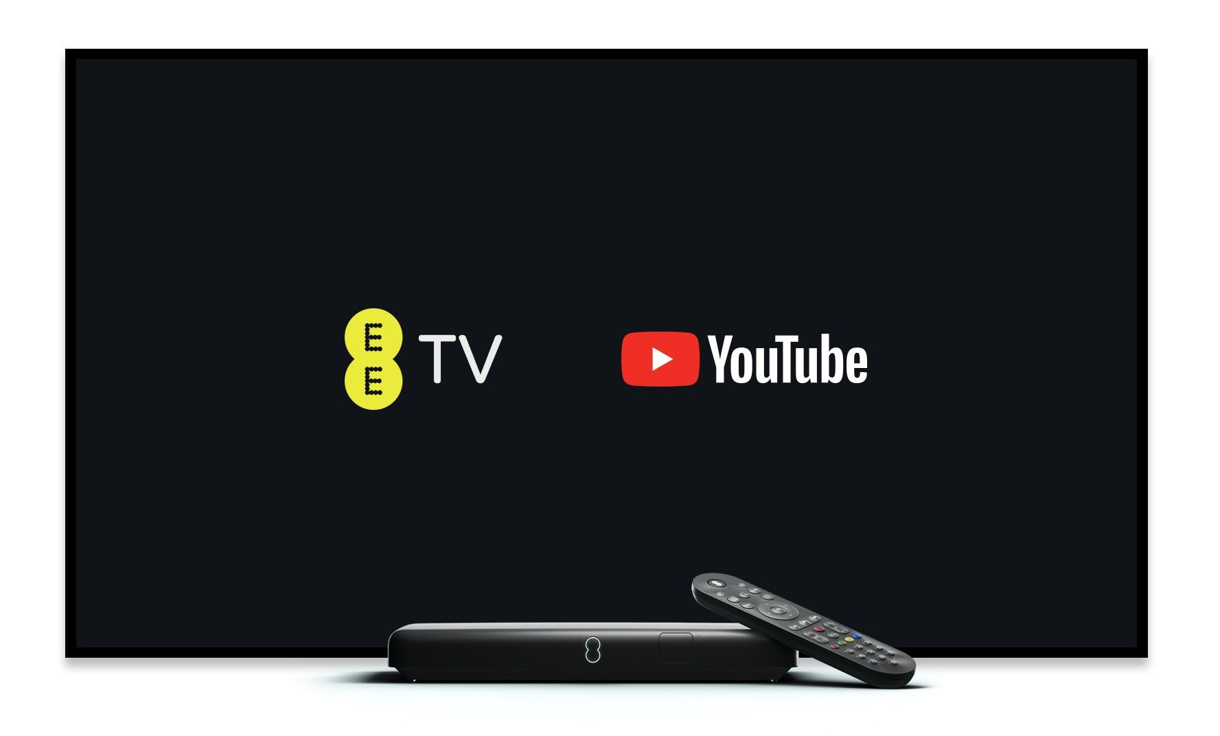 flatscreen tv with the ee tv logo and youtube logo pictured on-screen and an ee tv box pro in-front with the remote