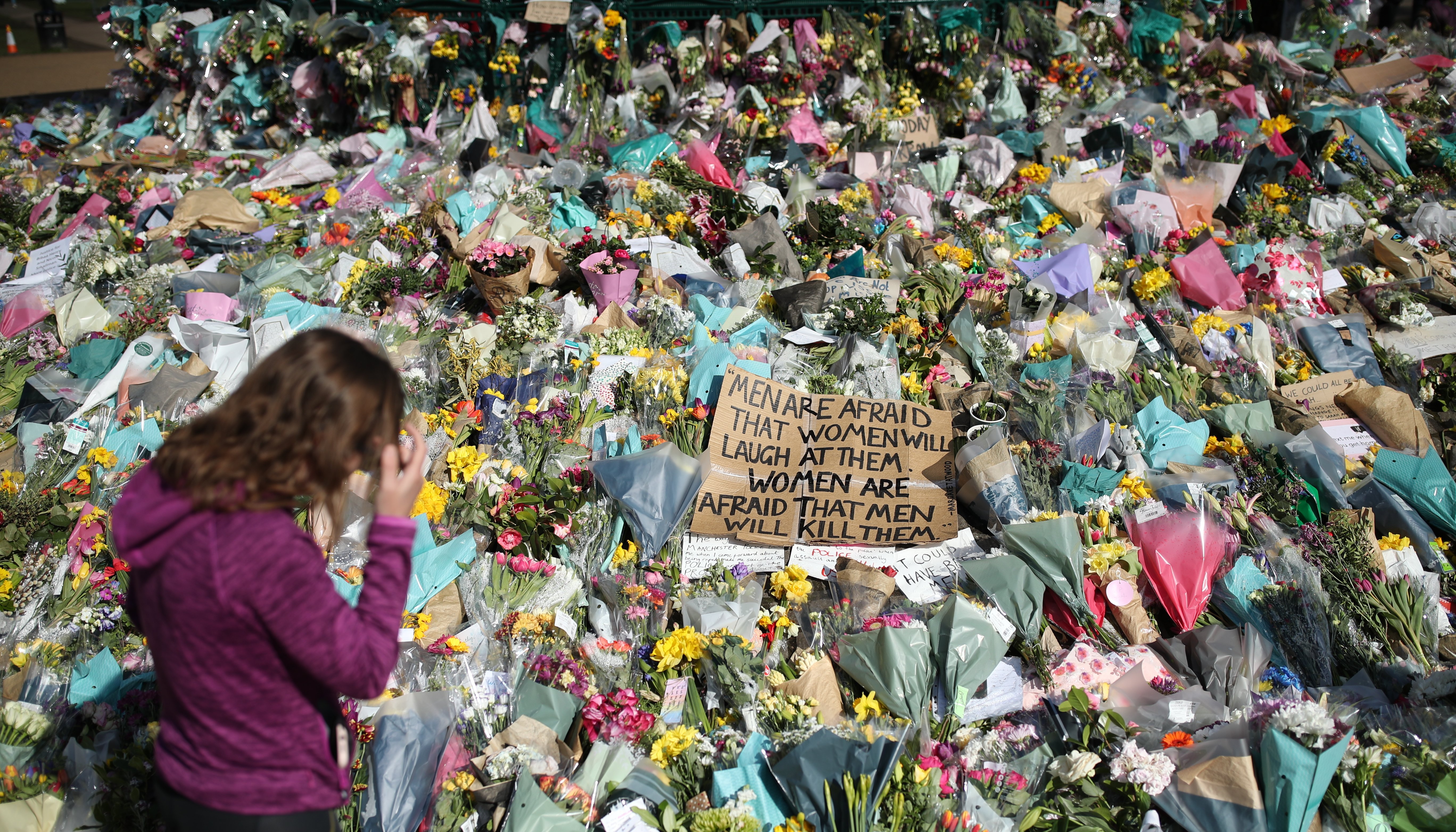 Floral tributes at the bandstand in Clapham Common, London, for Sarah Everard.