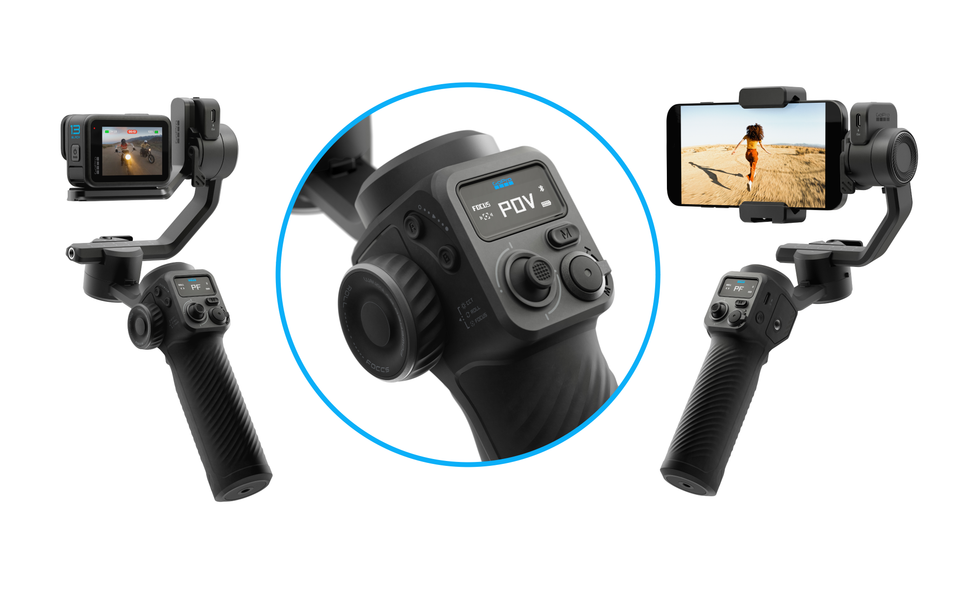 Fluid Pro AI gimbal shown with a GoPro and a smartphone