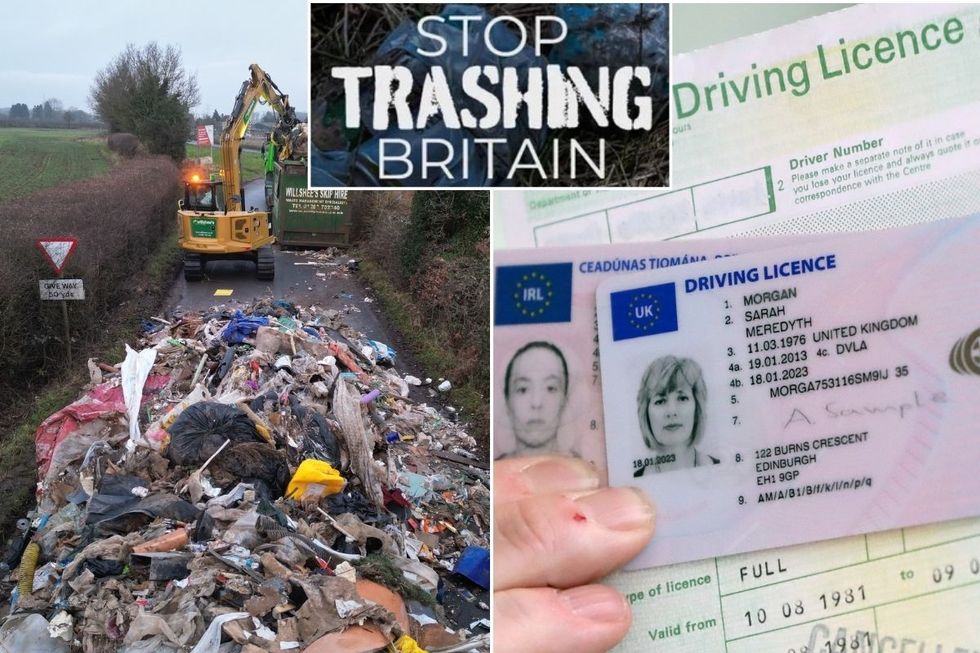 Fly-tipped rubbish on a country road, Stop Trashing Britain logo and a driving licence