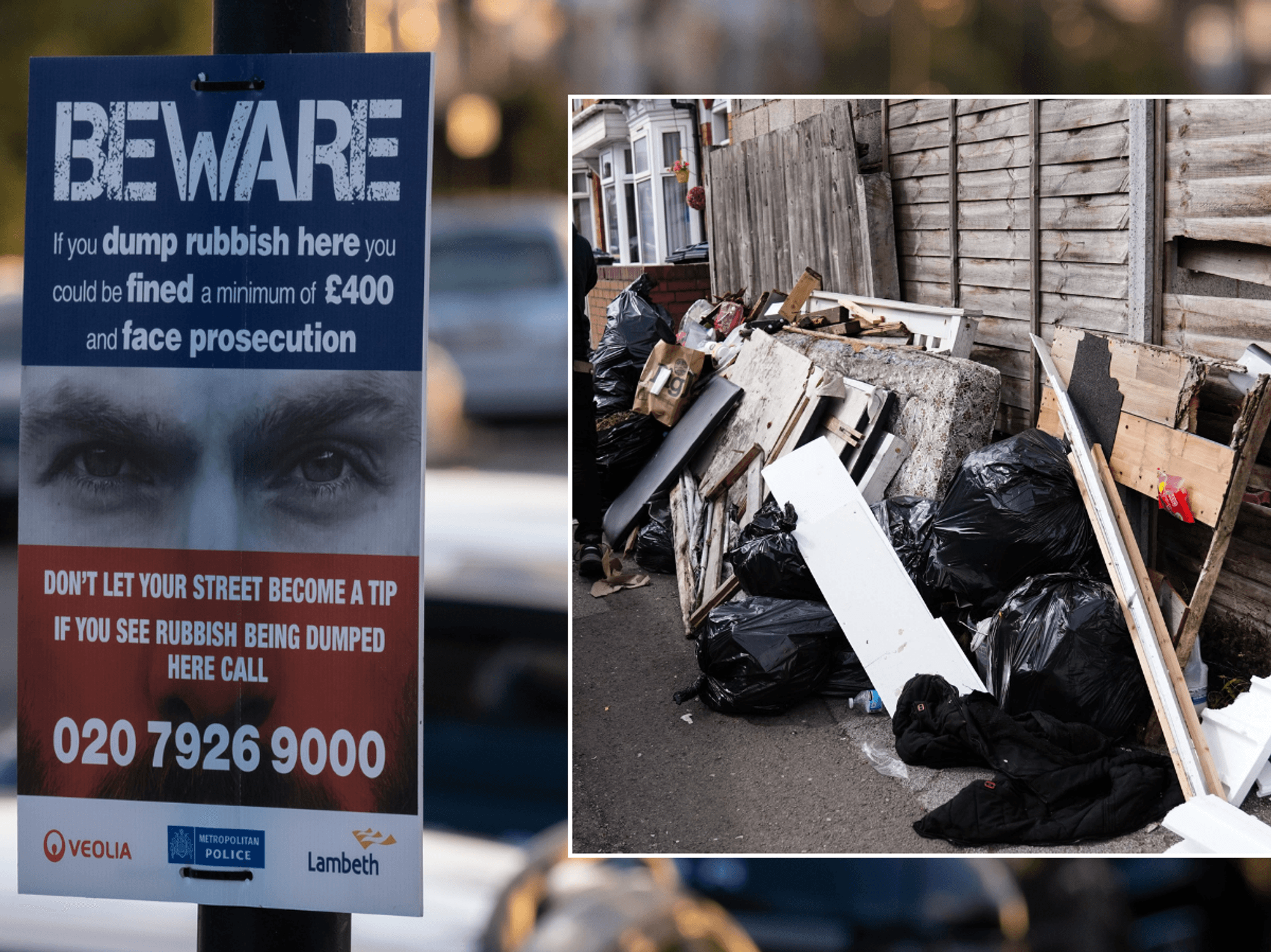 Fly tippers beware sign; Rubbish in Birmingham
