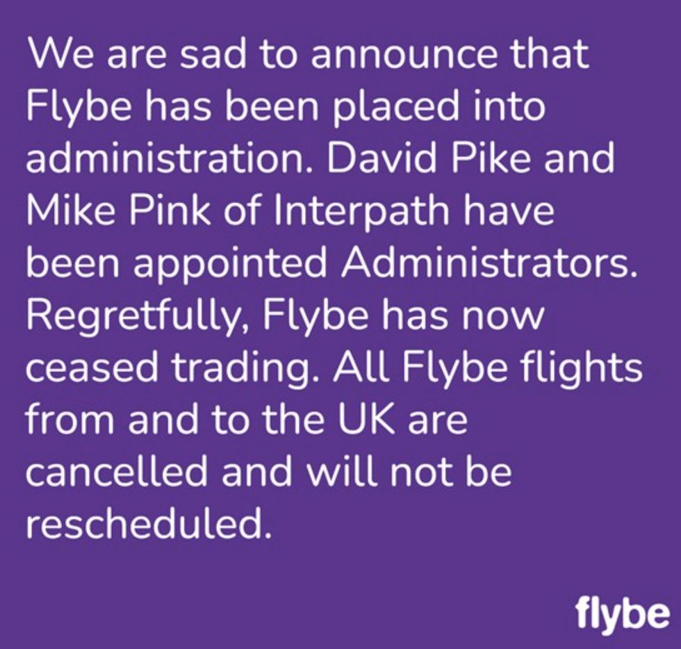 Flybe issued a brief statement confirming it had ceased trading