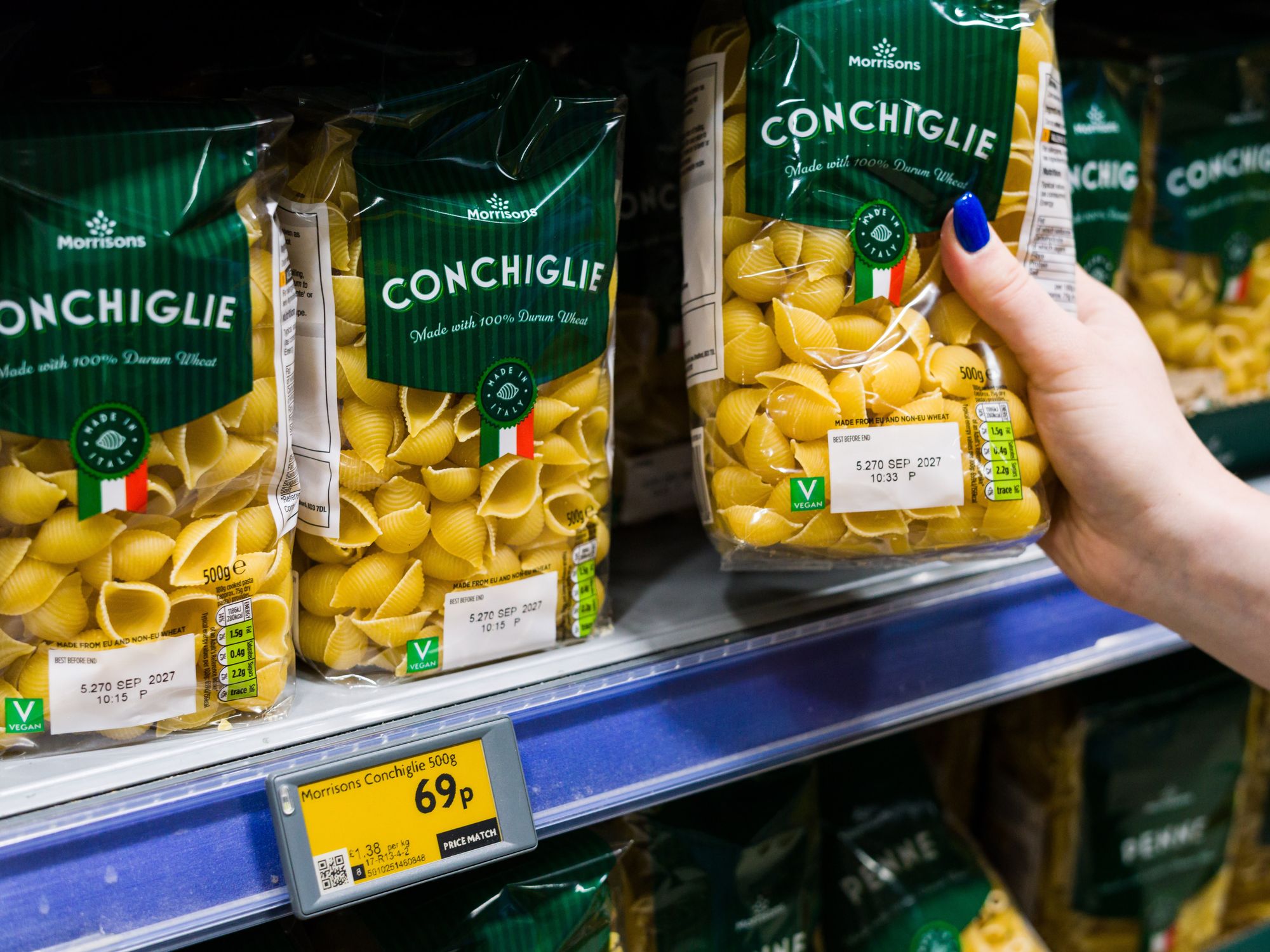 Food labels on Morrisons shelves