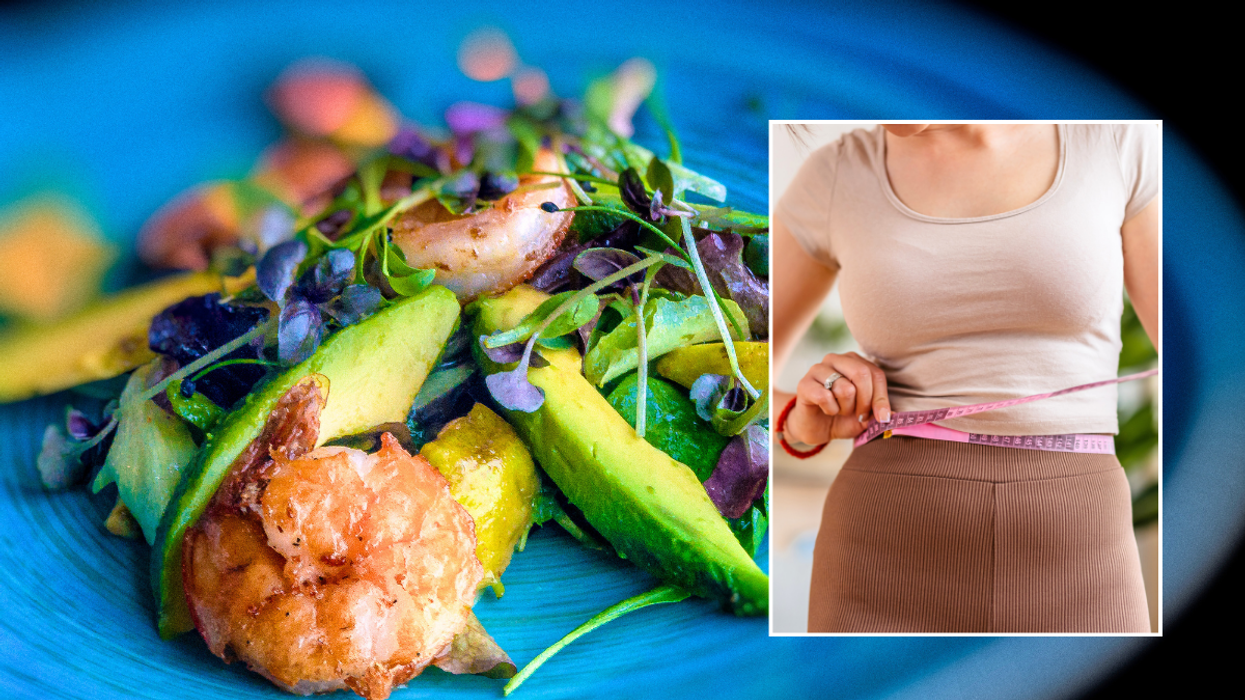 Food on blue plate / woman measuring waist