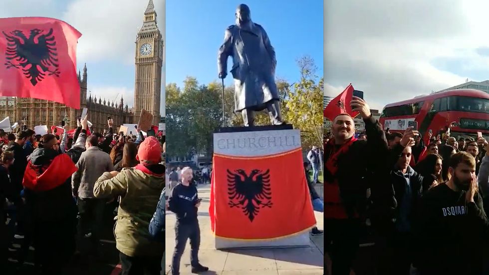 Footage shows crowds blocking traffic on Westminster bridge and waving Albanian flags
