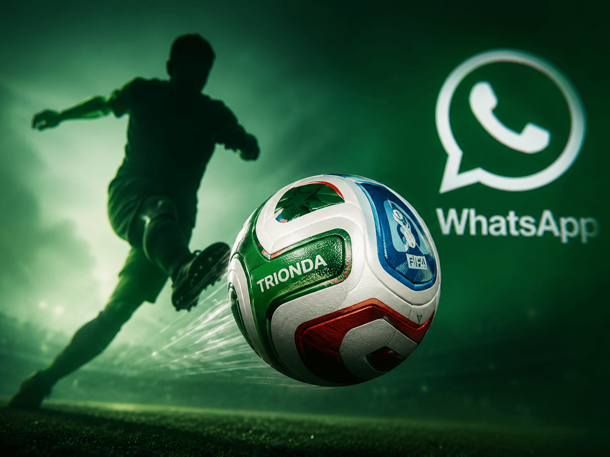 Football player kicking the Trionda ball in front of the WhatsApp logo