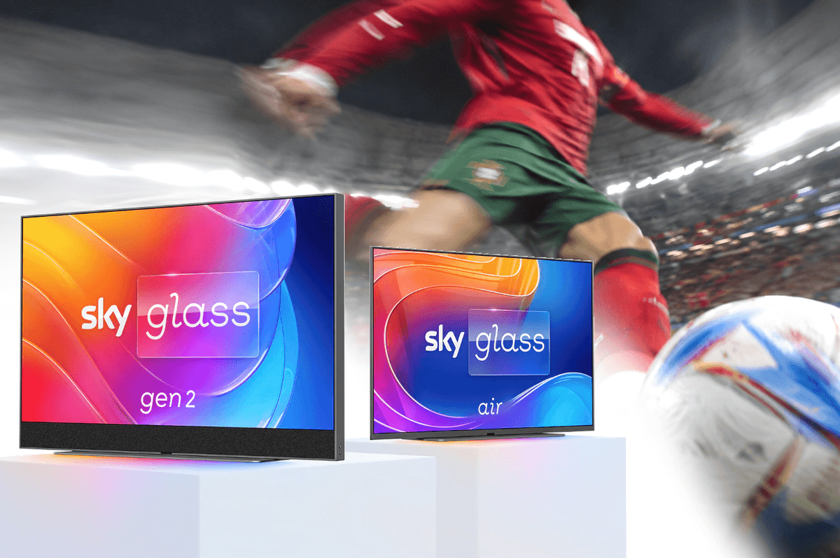 footballer is pictured kicking a football in the background with Sky Glass and Sky Stream pictured in the foreground