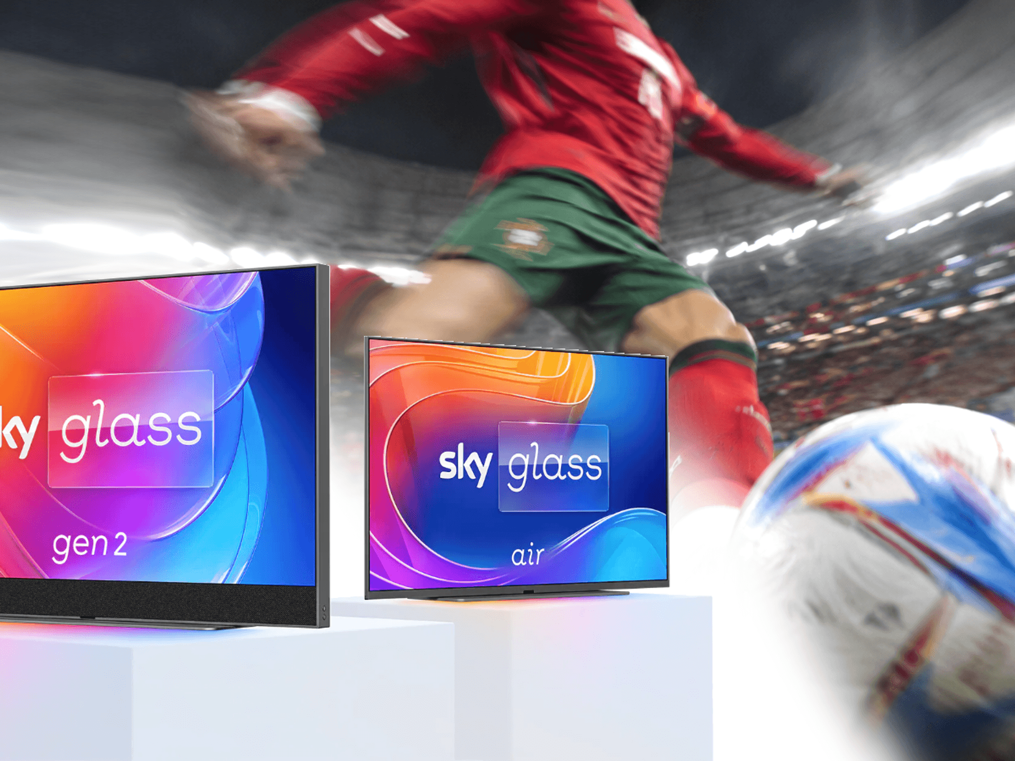 footballer is pictured kicking a football in the background with Sky Glass and Sky Stream pictured in the foreground