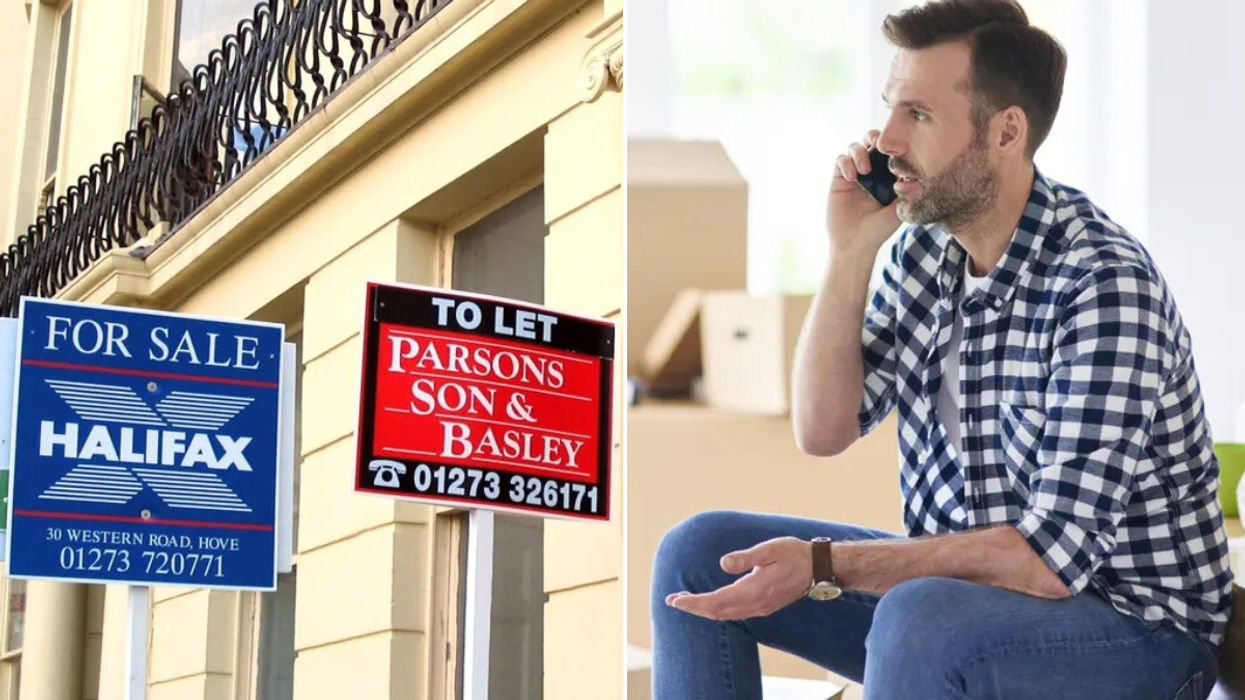 for sale signs / man on phone surrounded by boxes