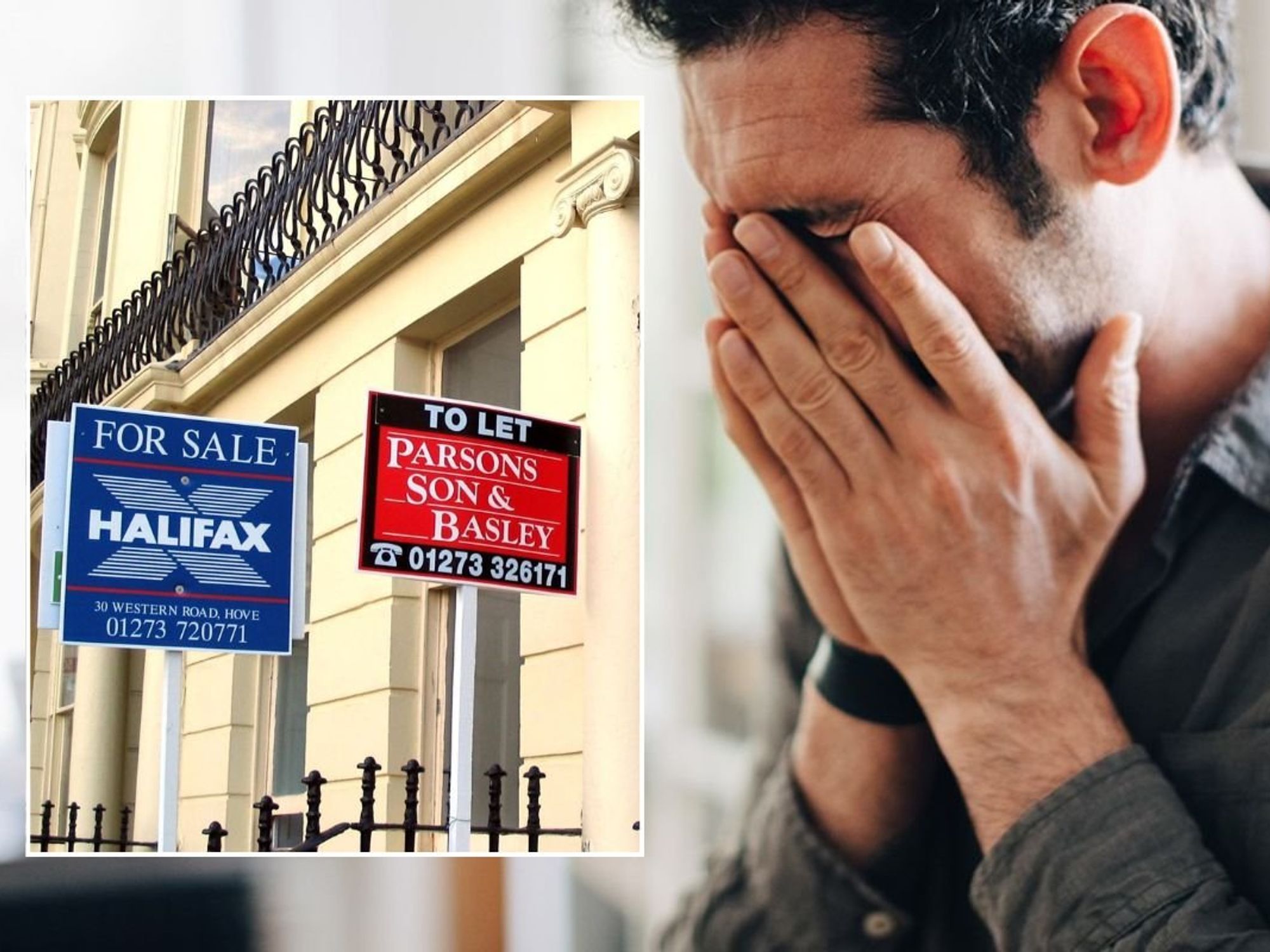 For sale signs / Man stressed holding head in his hands