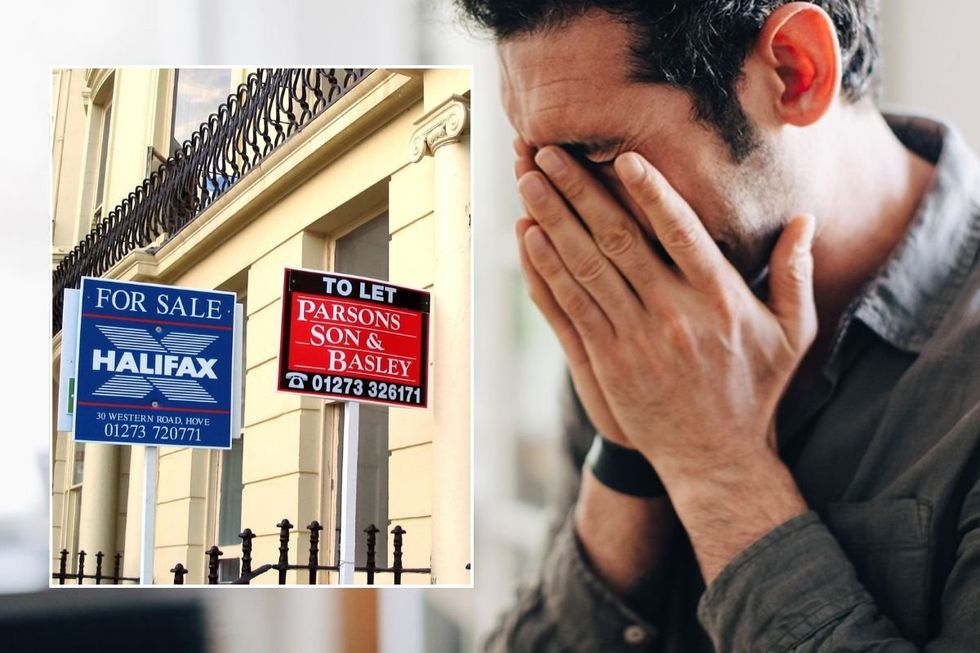 For sale signs / Man stressed holding head in his hands